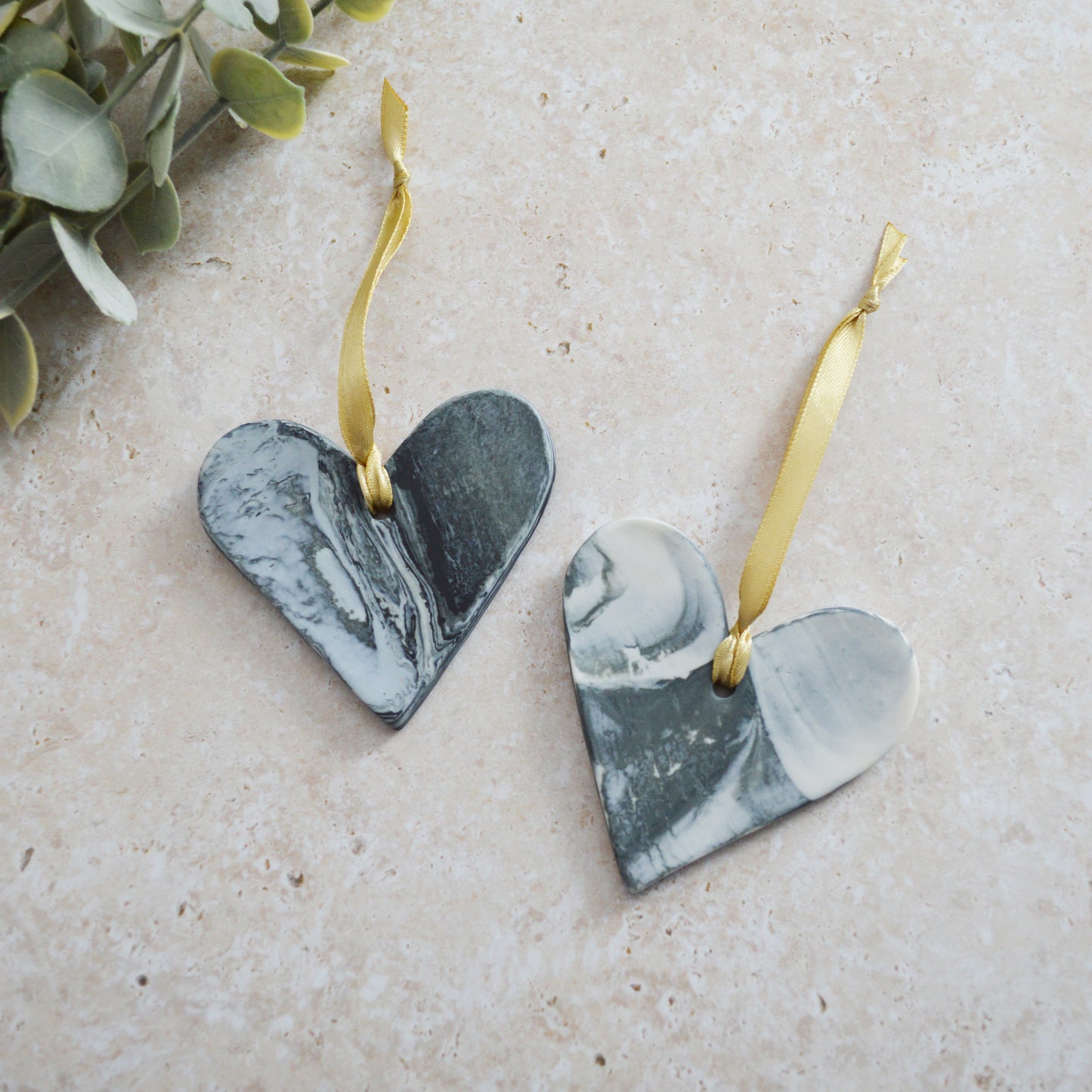 Sample* A PAIR of Black and White Marbled Heart | Porcelain | Hanging Heart Decoration | Valentines Keepsake (A96)