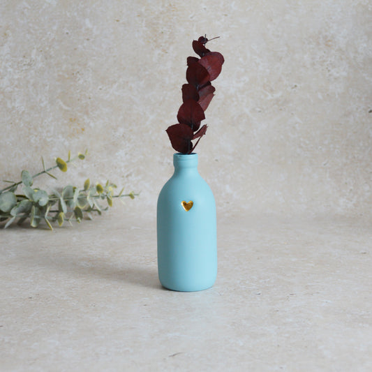 Seconds* Large Pastel BLUE Bottle Vase With A Gold Embossed Heart | Flower Vase | Porcelain Vase (A97)