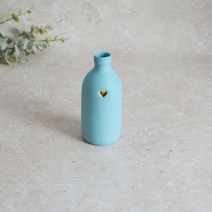 Seconds* Large Pastel BLUE Bottle Vase With A Gold Embossed Heart | Flower Vase | Porcelain Vase (A97)