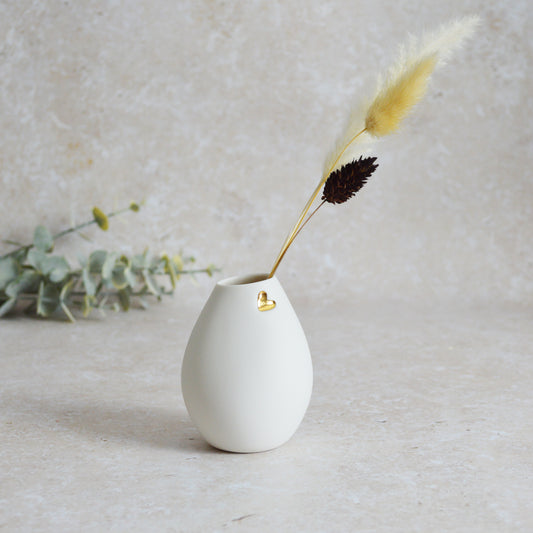 Seconds* Small White Bud Vase with an Embossed Gold Heart | Porcelain | Flower Vase | Mother's Day Vase (A98)