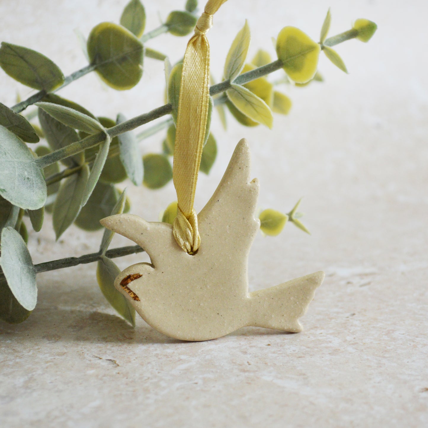 Sample* Mini Hanging Dove Gold Lustre Markings | Glazed Cream | Hanging Decoration | Christmas Decor | Tree Ornament (B11)