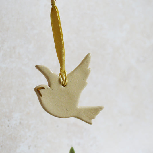 Sample* Mini Hanging Dove Gold Lustre Markings | Glazed Cream | Hanging Decoration | Christmas Decor | Tree Ornament (B11)