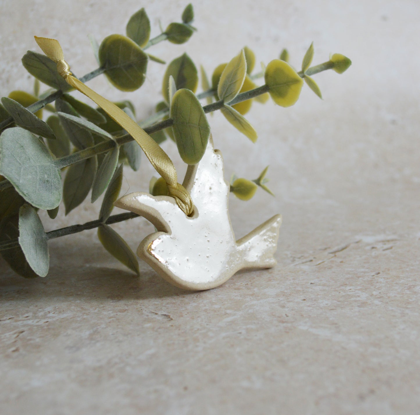 Sample* Mini Hanging Dove Gold Lustre Markings | Glazed Cream | Hanging Decoration | Christmas Decor | Tree Ornament (B11)