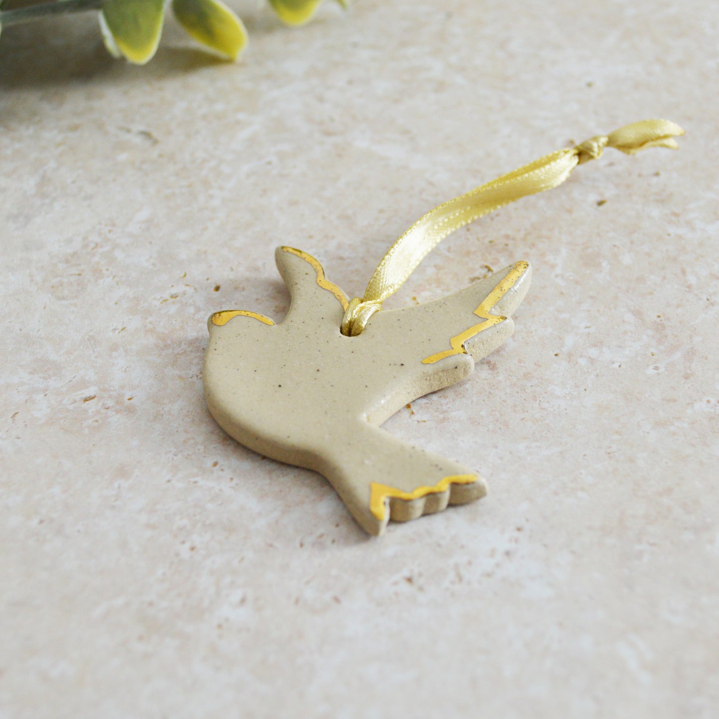 Sample* Mini Hanging Dove Gold Lustre Markings | Glazed Speckled Beige | Hanging Decoration | Christmas Decor | Tree Ornament (B12)