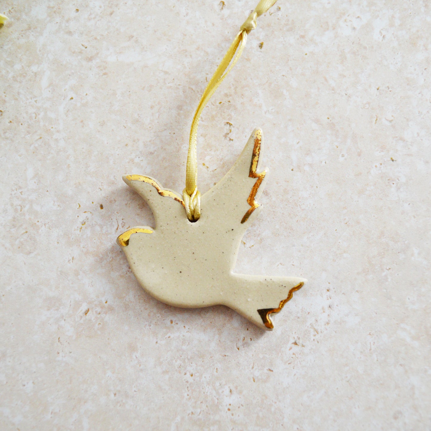 Sample* Mini Hanging Dove Gold Lustre Markings | Glazed Speckled Beige | Hanging Decoration | Christmas Decor | Tree Ornament (B12)