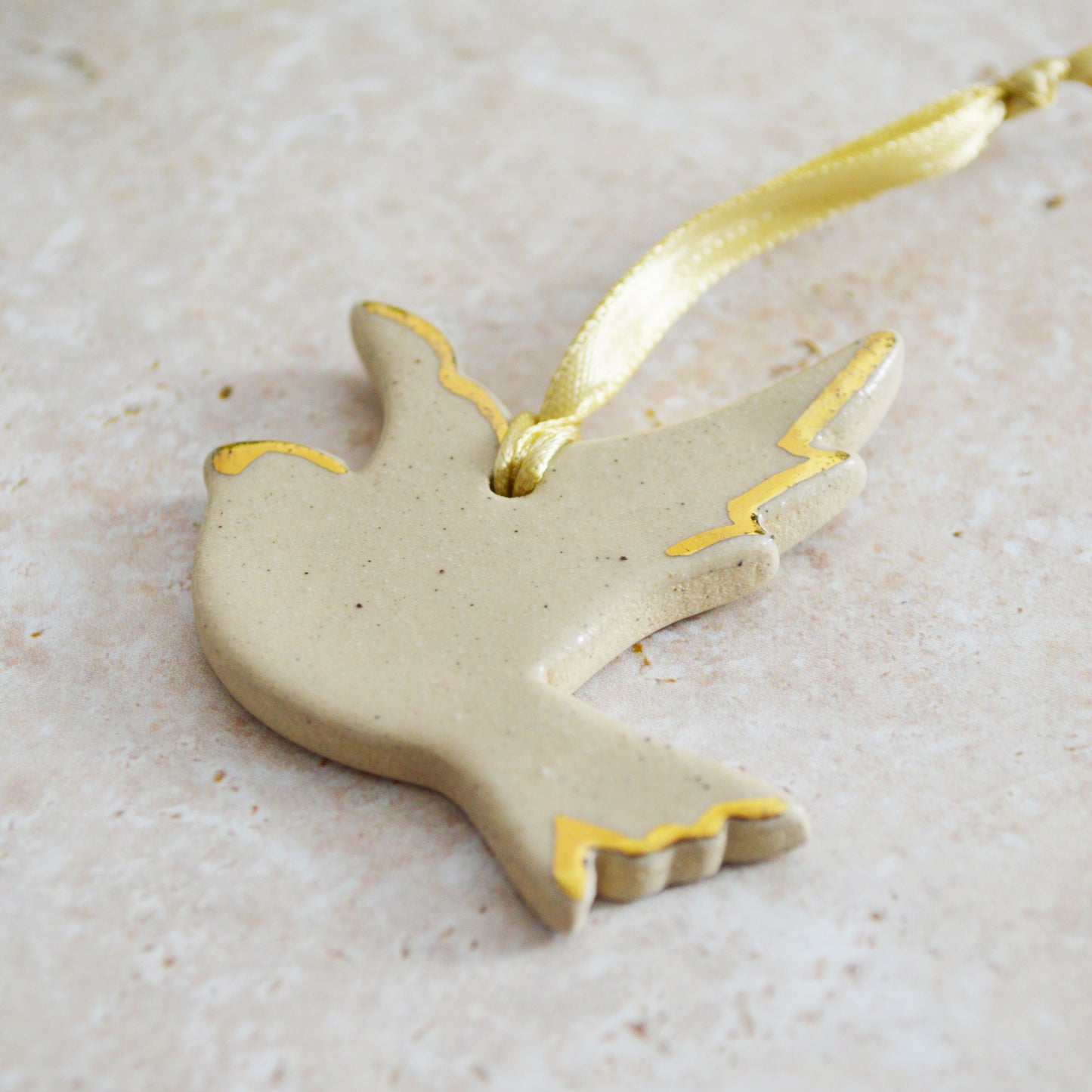 Sample* Mini Hanging Dove Gold Lustre Markings | Glazed Speckled Beige | Hanging Decoration | Christmas Decor | Tree Ornament (B12)