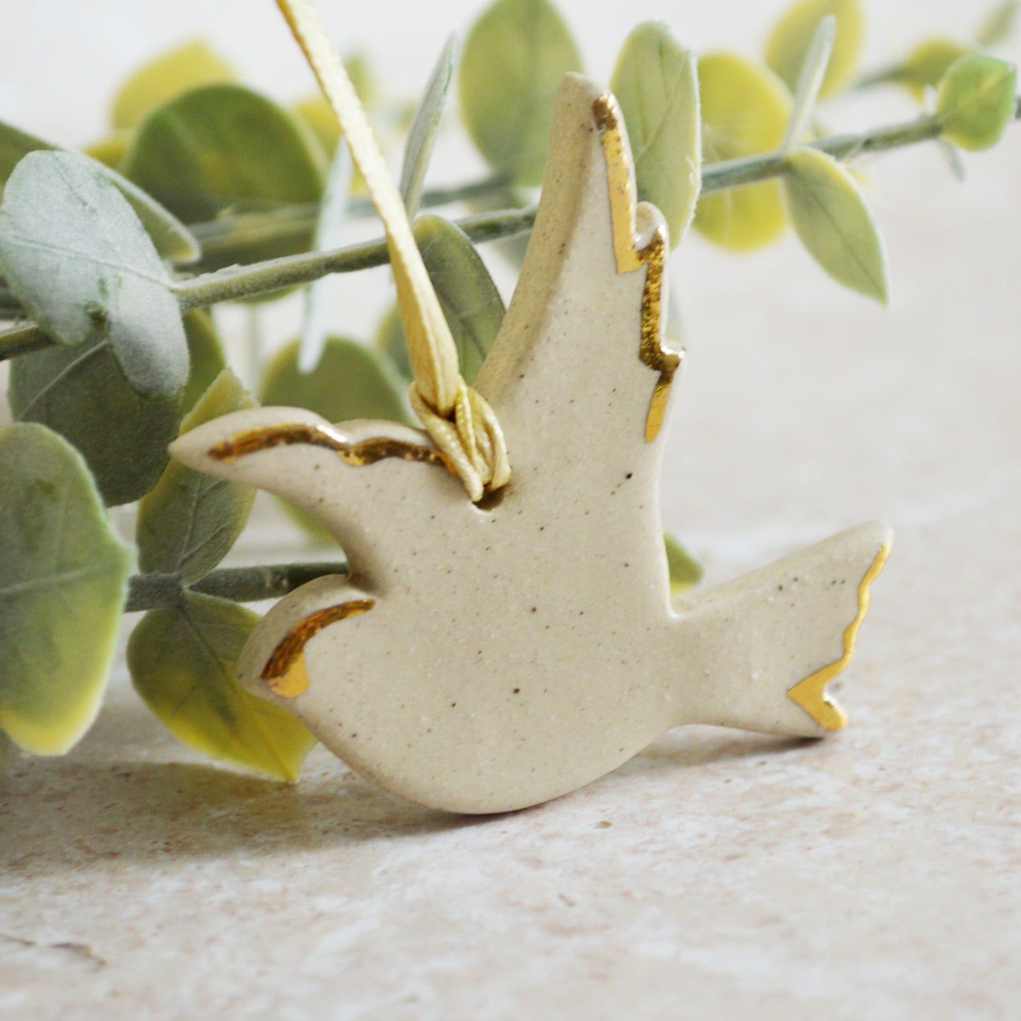 Sample* Mini Hanging Dove Gold Lustre Markings | Glazed Speckled Beige | Hanging Decoration | Christmas Decor | Tree Ornament (B12)