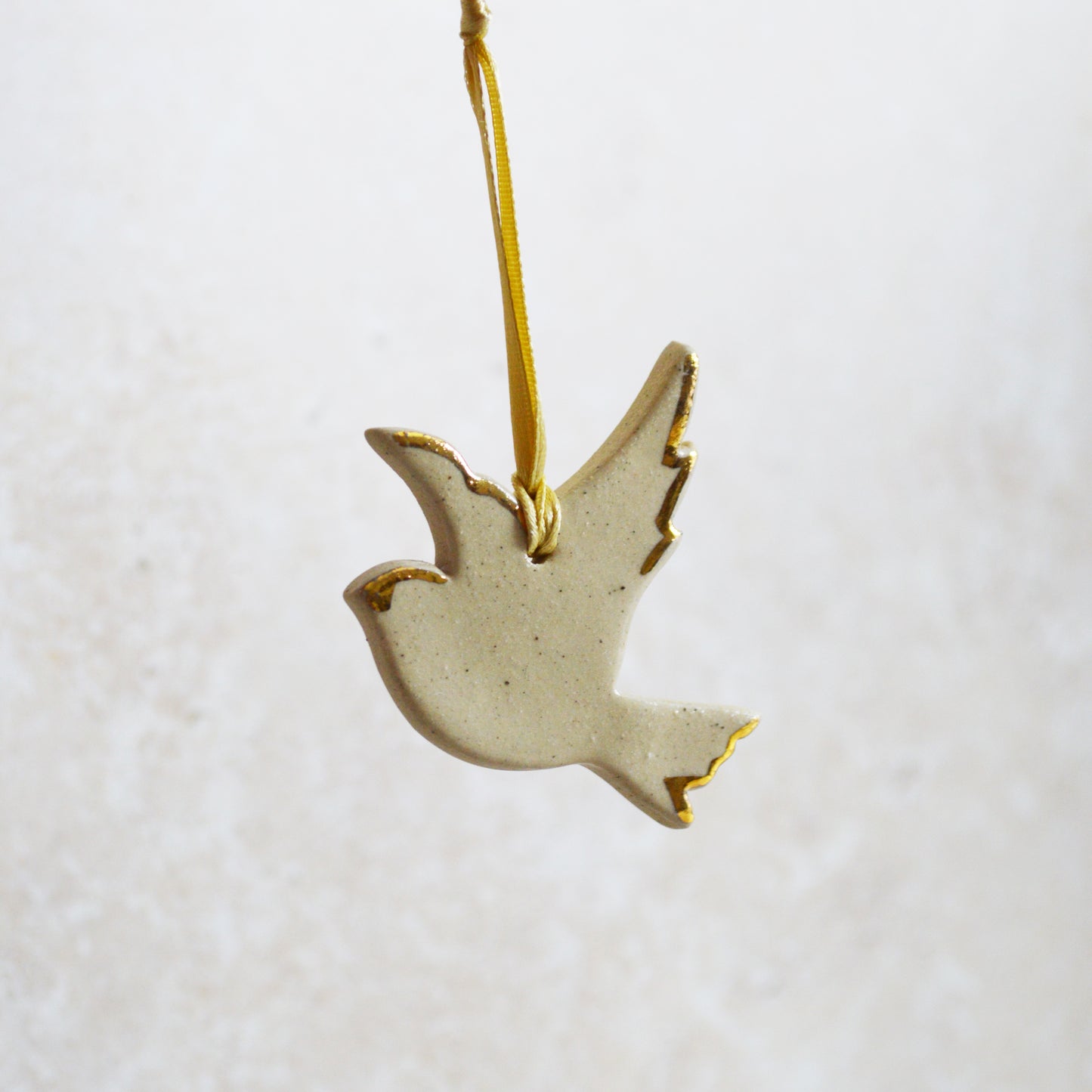 Sample* Mini Hanging Dove Gold Lustre Markings | Glazed Speckled Beige | Hanging Decoration | Christmas Decor | Tree Ornament (B12)
