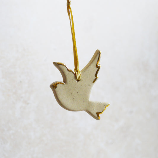 Sample* Mini Hanging Dove Gold Lustre Markings | Glazed Speckled Beige | Hanging Decoration | Christmas Decor | Tree Ornament (B12)