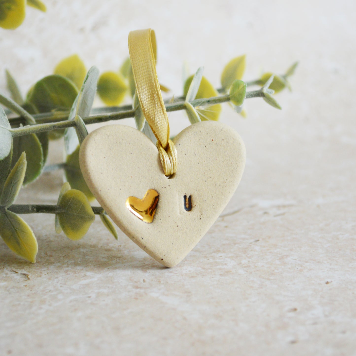 Sample* Mini Hanging Heart U Tag | Speckled Beige | Love You Heart Tag With A Mini Pearl Heart Tag | Valentine's Gift | Stoneware (B13)