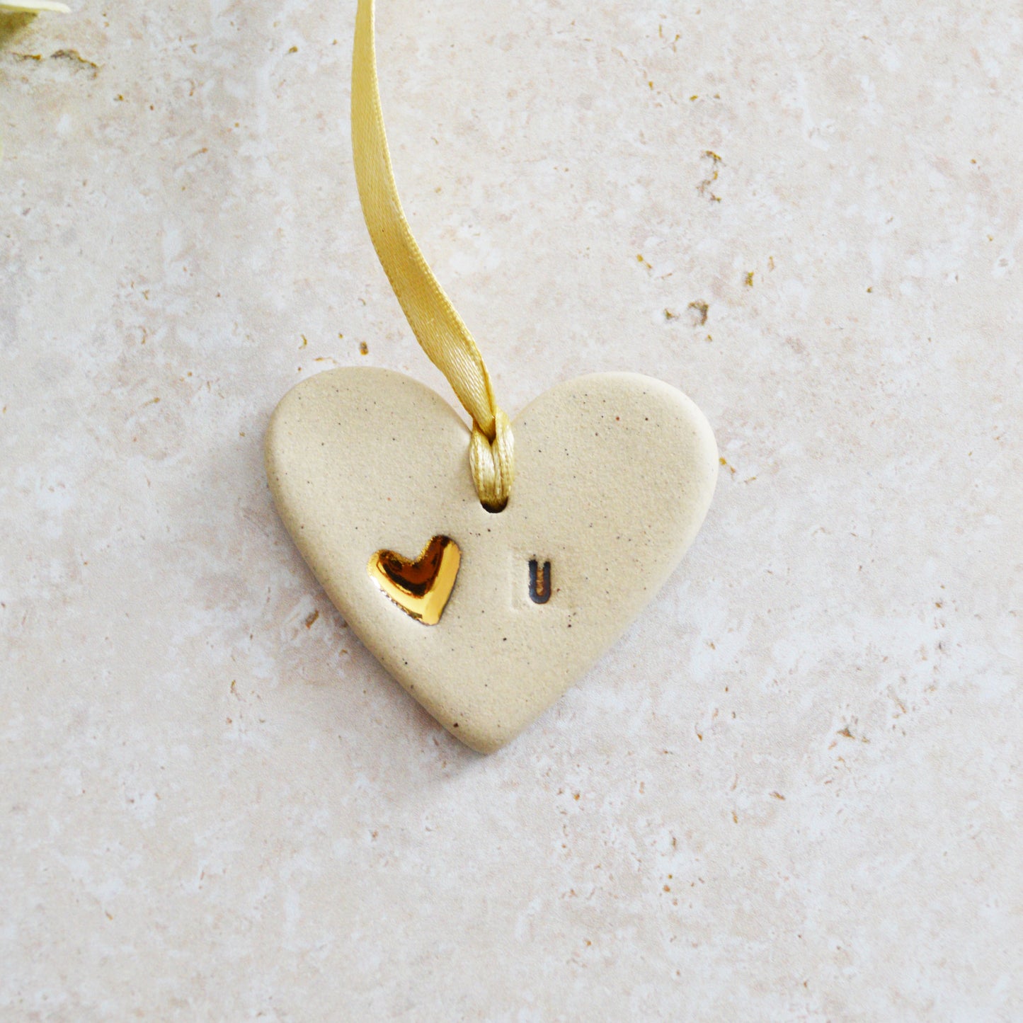 Sample* Mini Hanging Heart U Tag | Speckled Beige | Love You Heart Tag With A Mini Pearl Heart Tag | Valentine's Gift | Stoneware (B13)