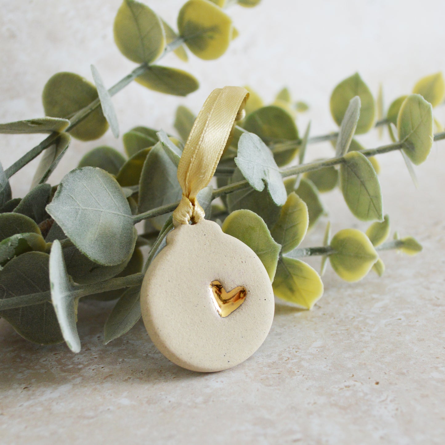 Sample* Mini Bauble Hanging Decoration With A Gold Heart | Speckled Beige | Stoneware | Hanging Christmas Decorations | Mini Christmas Tree Decor (B15)
