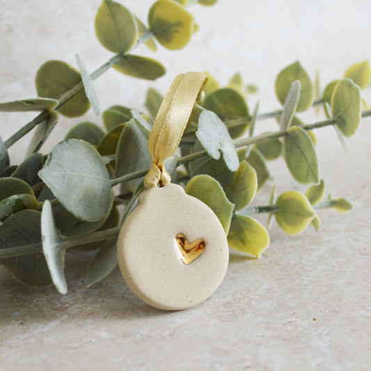 Sample* Mini Bauble Hanging Decoration With A Gold Heart | Speckled Beige | Stoneware | Hanging Christmas Decorations | Mini Christmas Tree Decor (B15)