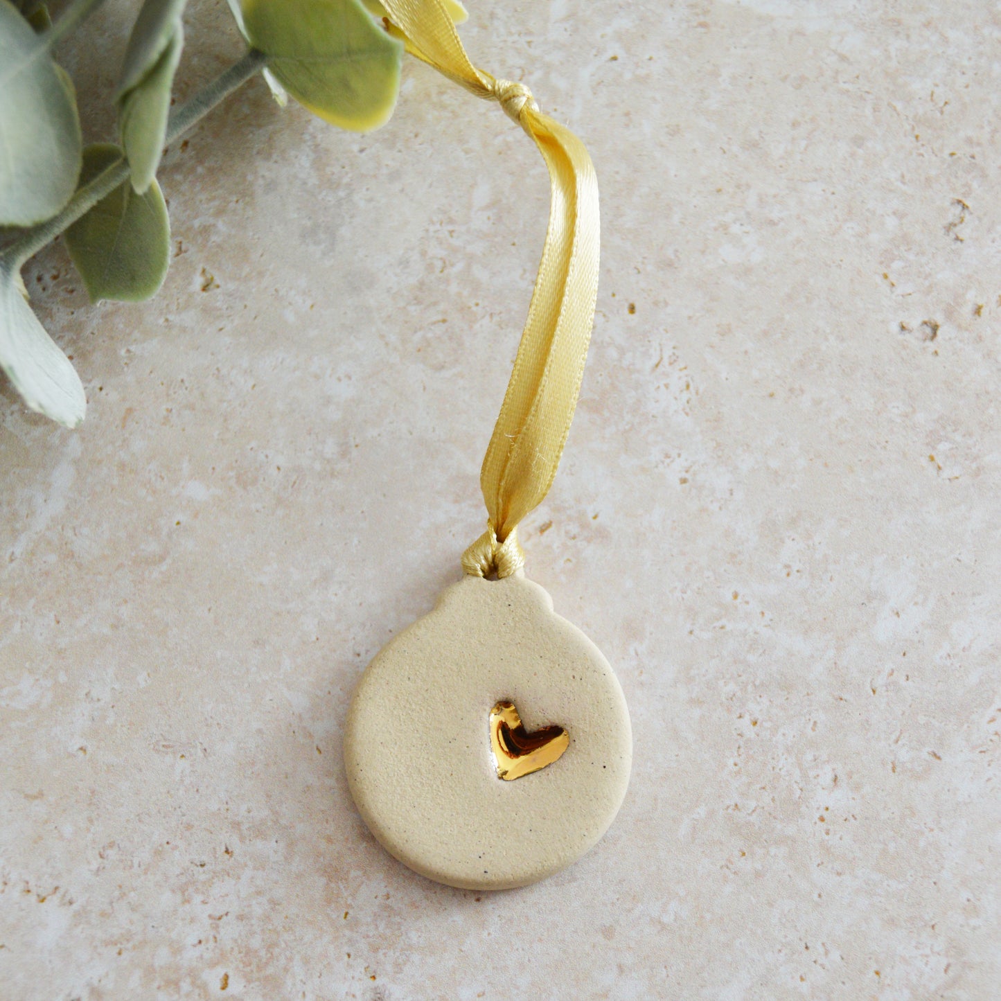 Sample* Mini Bauble Hanging Decoration With A Gold Heart | Speckled Beige | Stoneware | Hanging Christmas Decorations | Mini Christmas Tree Decor (B15)