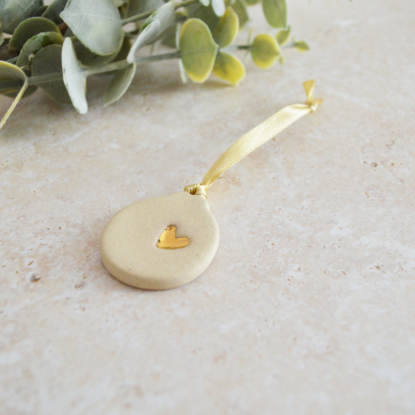 Sample* Mini Bauble Hanging Decoration With A Gold Heart | Speckled Beige | Stoneware | Hanging Christmas Decorations | Mini Christmas Tree Decor (B15)