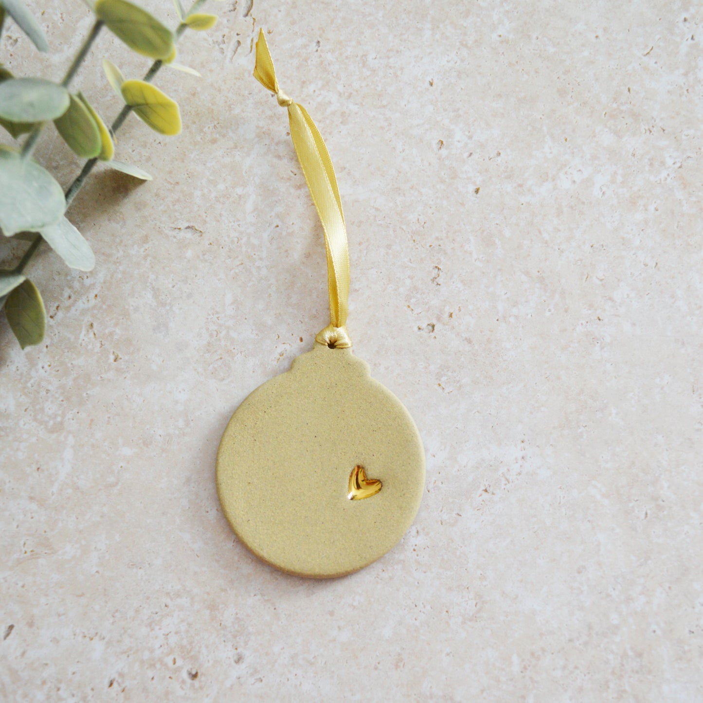 Sample* Flat Bauble Hanging Decoration With A Gold Heart | Sand | Stoneware | Hanging Christmas Decorations | Christmas Tree Decor (B18)