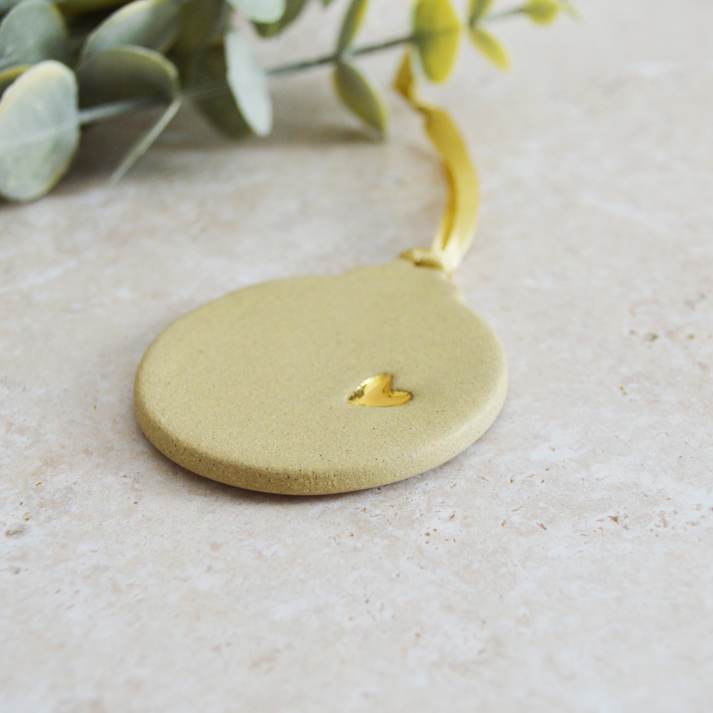 Sample* Flat Bauble Hanging Decoration With A Gold Heart | Sand | Stoneware | Hanging Christmas Decorations | Christmas Tree Decor (B18)