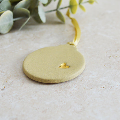 Sample* Flat Bauble Hanging Decoration With A Gold Heart | Sand | Stoneware | Hanging Christmas Decorations | Christmas Tree Decor (B18)