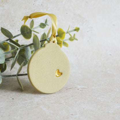 Sample* Flat Bauble Hanging Decoration With A Gold Heart | Sand | Stoneware | Hanging Christmas Decorations | Christmas Tree Decor (B18)