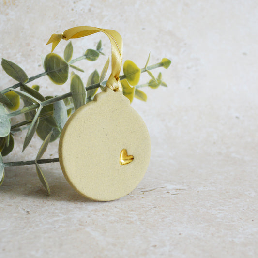 Sample* Flat Bauble Hanging Decoration With A Gold Heart | Sand | Stoneware | Hanging Christmas Decorations | Christmas Tree Decor (B18)