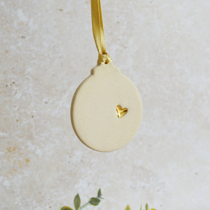 Sample* Flat Bauble Hanging Decoration With A Gold Heart | Beige | Stoneware | Hanging Christmas Decorations | Christmas Tree Decor (B19)