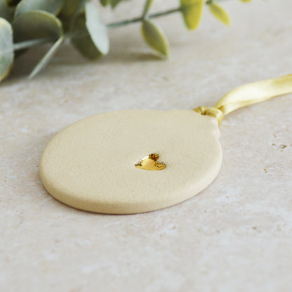 Sample* Flat Bauble Hanging Decoration With A Gold Heart | Beige | Stoneware | Hanging Christmas Decorations | Christmas Tree Decor (B19)