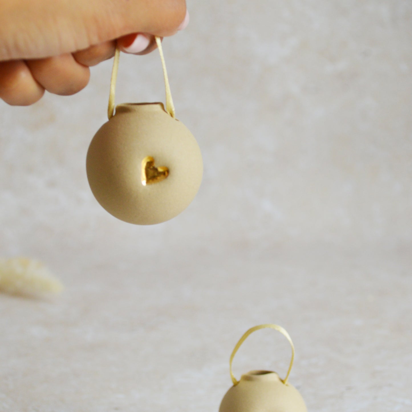 Sample* BROWN Small Pastel Bauble With A Gold Heart | Stoneware | Hanging Christmas Decorations | Christmas Tree Decor (B1)