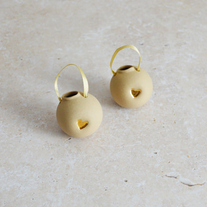 Sample* BROWN Small Pastel Bauble With A Gold Heart | Stoneware | Hanging Christmas Decorations | Christmas Tree Decor (B1)