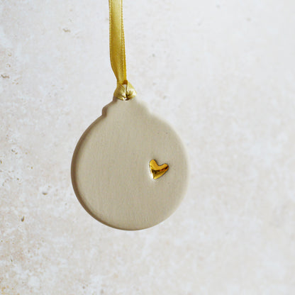 Sample* Flat Bauble Hanging Decoration With A Gold Heart | Soft Cream | Stoneware | Hanging Christmas Decorations | Christmas Tree Decor (B20)