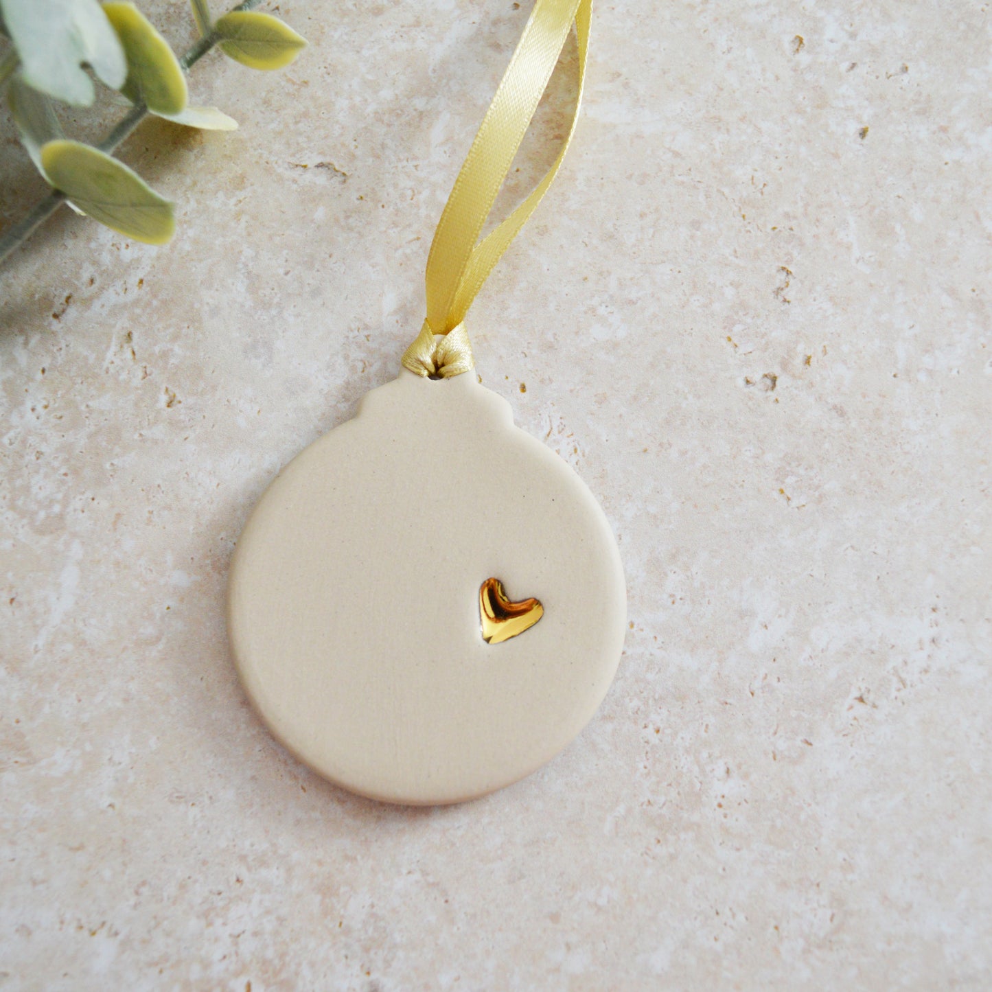 Sample* Flat Bauble Hanging Decoration With A Gold Heart | Soft Cream | Stoneware | Hanging Christmas Decorations | Christmas Tree Decor (B20)