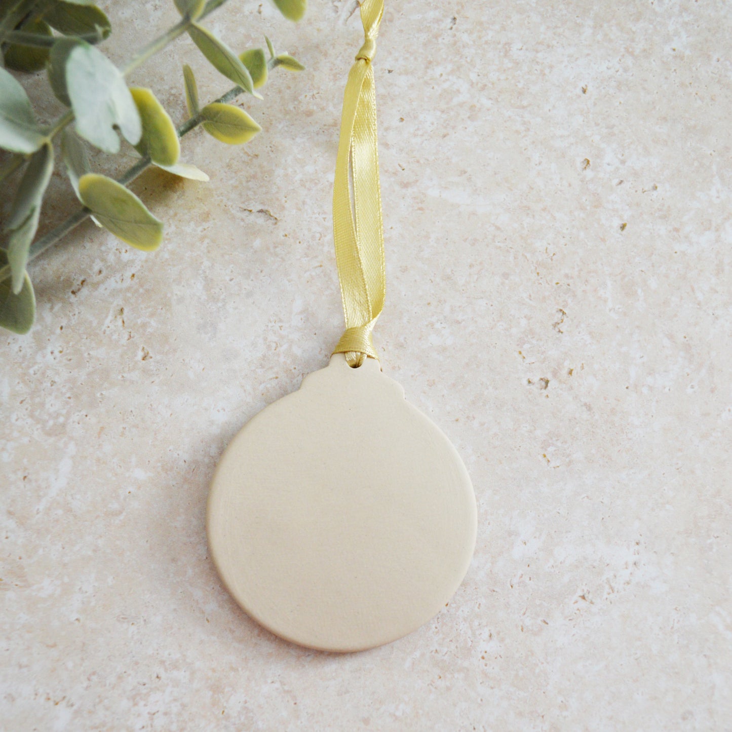 Sample* Flat Bauble Hanging Decoration With A Gold Heart | Soft Cream | Stoneware | Hanging Christmas Decorations | Christmas Tree Decor (B20)