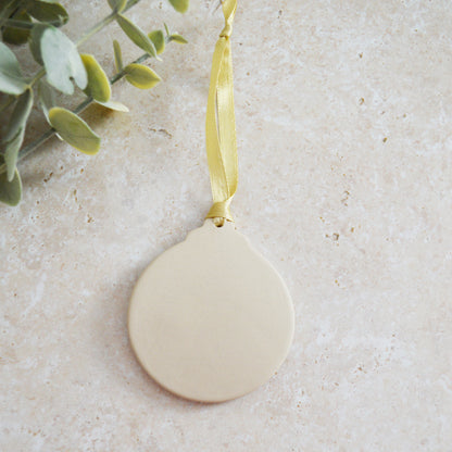Sample* Flat Bauble Hanging Decoration With A Gold Heart | Soft Cream | Stoneware | Hanging Christmas Decorations | Christmas Tree Decor (B20)