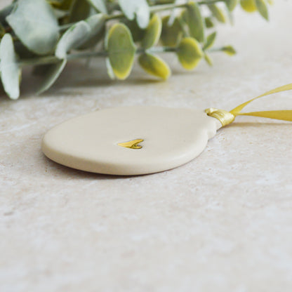 Sample* Flat Bauble Hanging Decoration With A Gold Heart | Soft Cream | Stoneware | Hanging Christmas Decorations | Christmas Tree Decor (B20)