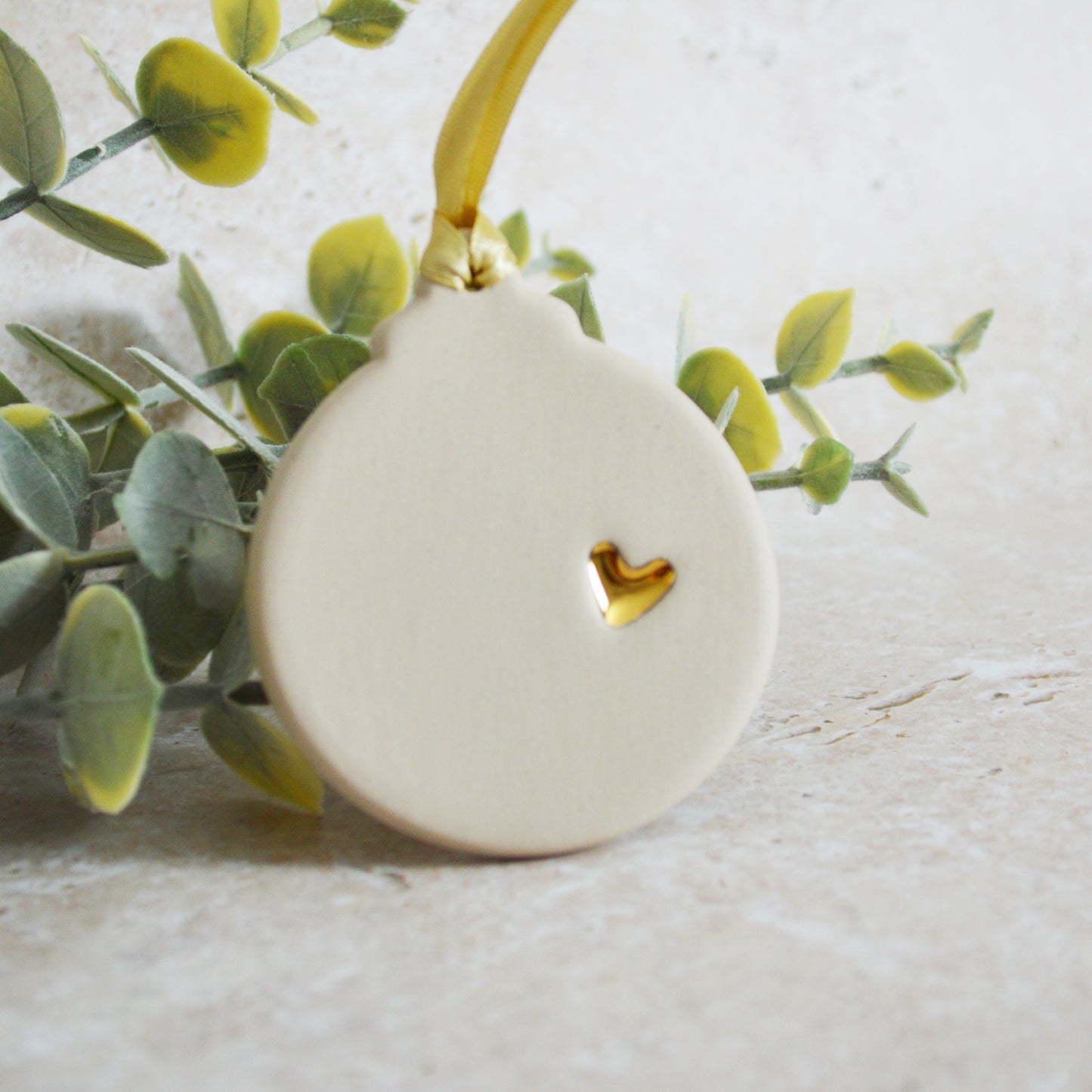 Sample* Flat Bauble Hanging Decoration With A Gold Heart | Soft Cream | Stoneware | Hanging Christmas Decorations | Christmas Tree Decor (B20)