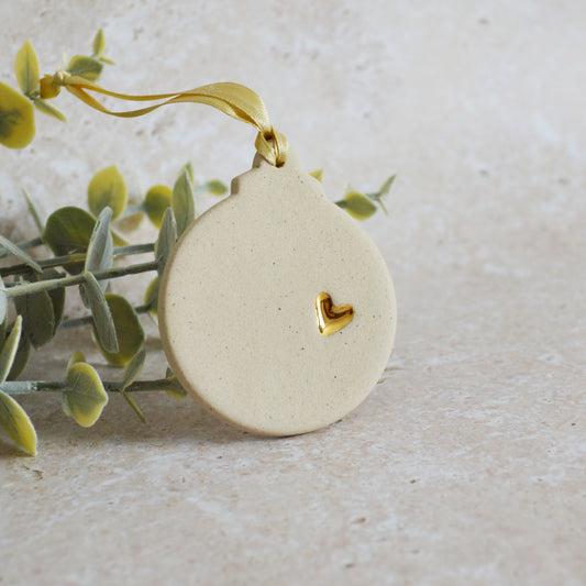 Sample* Flat Bauble Hanging Decoration With A Gold Heart | Stoneware | Speckled Beige | Hanging Christmas Decorations | Christmas Tree Decor (B21)