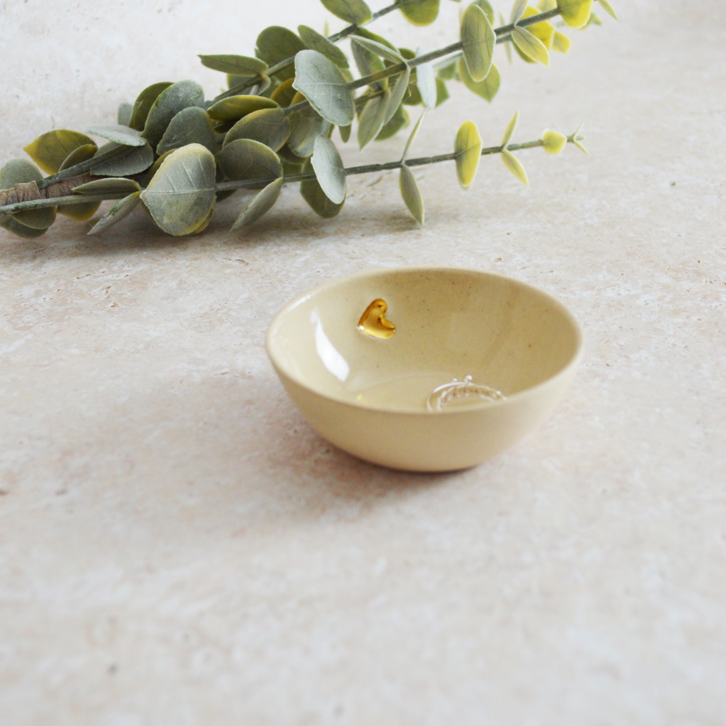 Sample* Small BEIGE Trinket/Ring Dish With A Gold Embossed Heart | Ring Dish | Jewellery | Stoneware (B22)