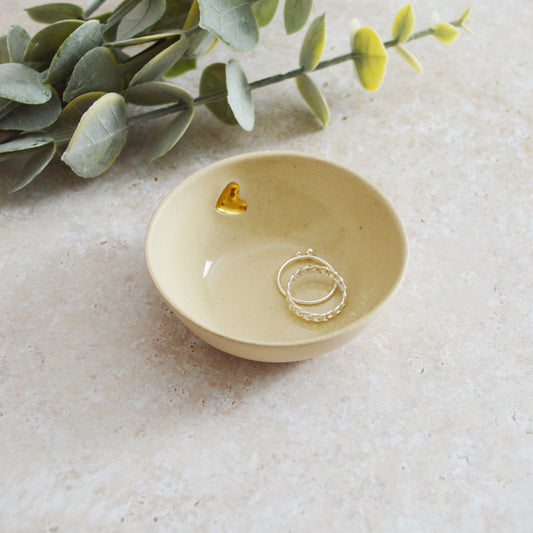 Sample* Small BEIGE Trinket/Ring Dish With A Gold Embossed Heart | Ring Dish | Jewellery | Stoneware (B22)