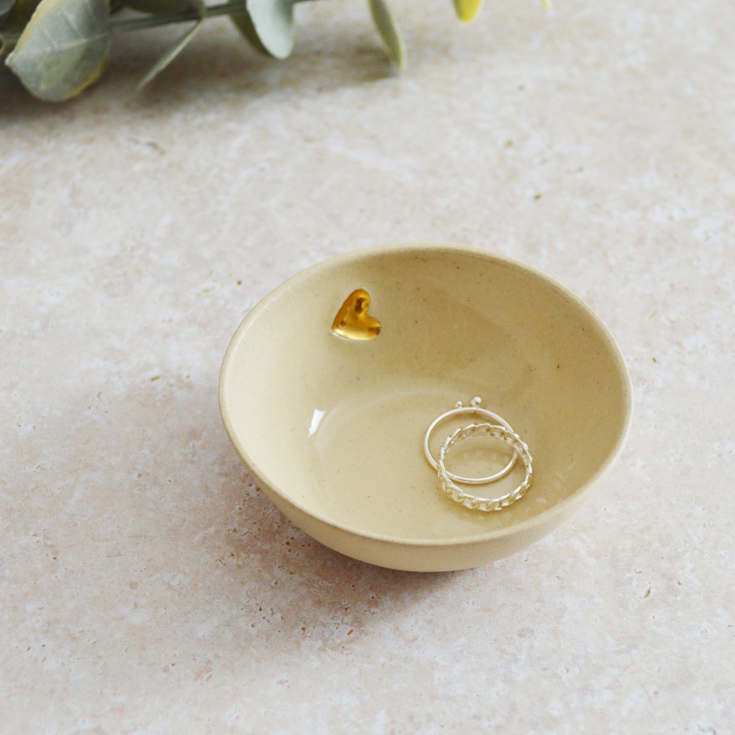 Sample* Small BEIGE Trinket/Ring Dish With A Gold Embossed Heart | Ring Dish | Jewellery | Stoneware (B22)