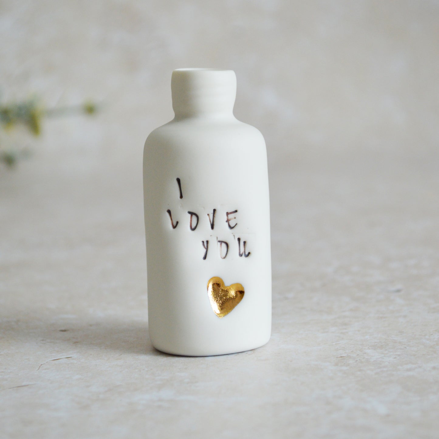 Seconds* Discontinued* I Love You Small Bottle With A Gold Heart | Porcelain | Valentines Keepsake (B23)