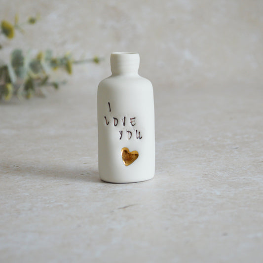Seconds* Discontinued* I Love You Small Bottle With A Gold Heart | Porcelain | Valentines Keepsake (B23)