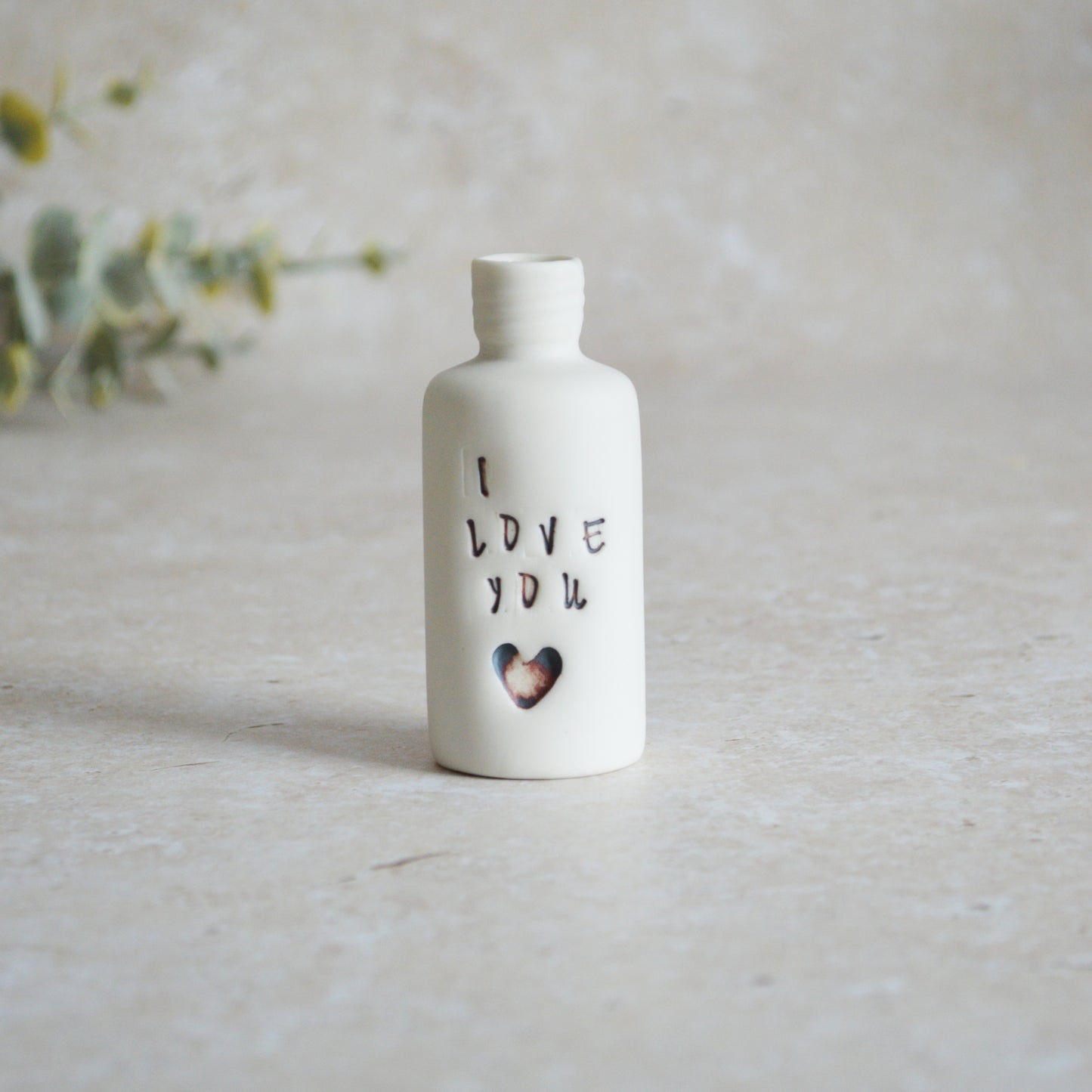 Seconds* Discontinued* I Love You Small Bottle With an Oxide Heart | Porcelain | Valentines Keepsake (B24)