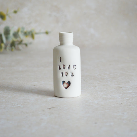 Seconds* Discontinued* I Love You Small Bottle With an Oxide Heart | Porcelain | Valentines Keepsake (B24)