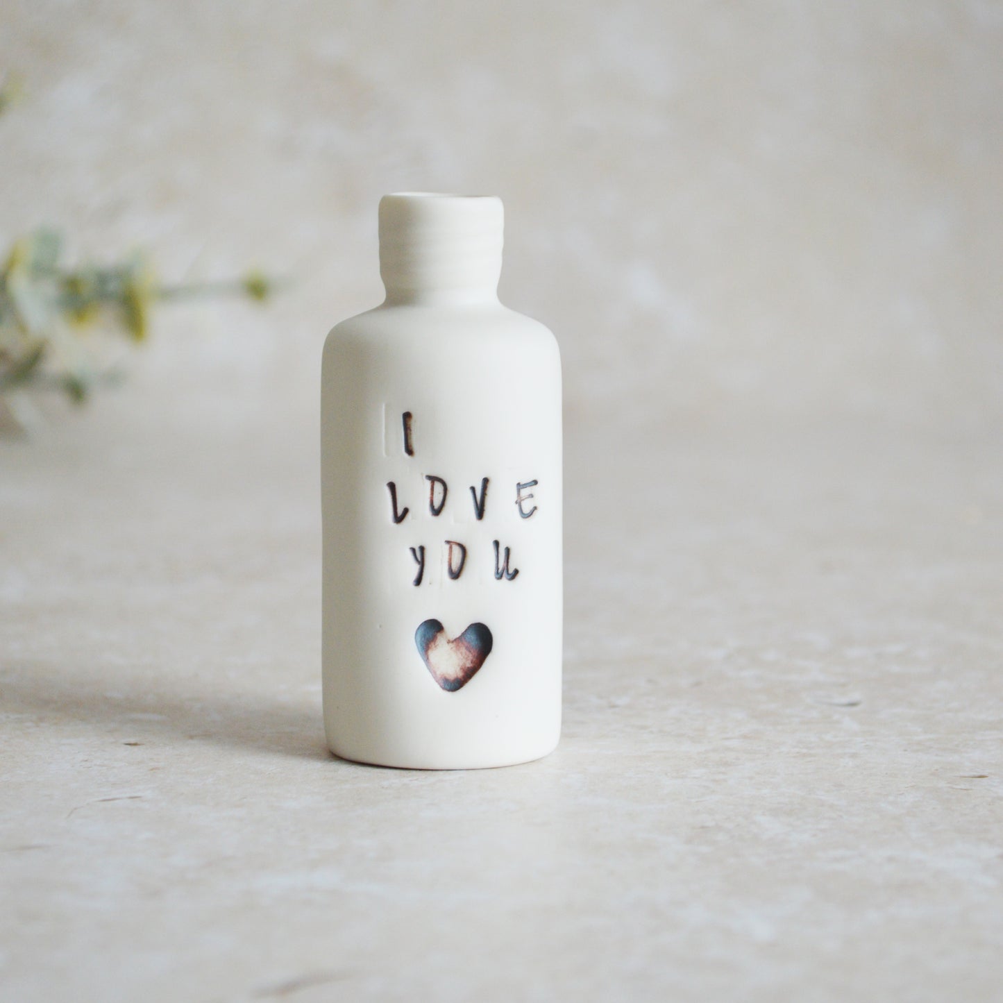 Seconds* Discontinued* I Love You Small Bottle With an Oxide Heart | Porcelain | Valentines Keepsake (B24)