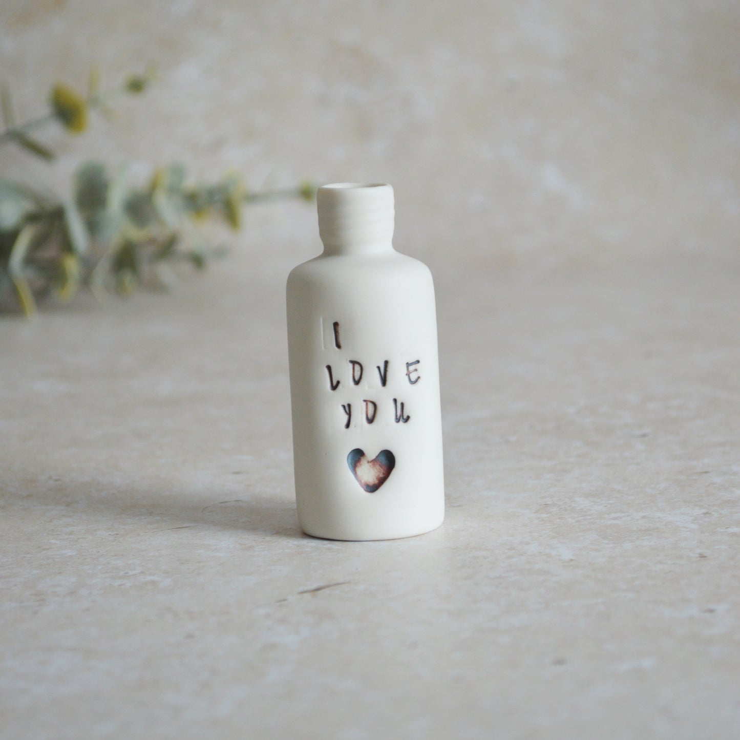 Seconds* Discontinued* I Love You Small Bottle With an Oxide Heart | Porcelain | Valentines Keepsake (B24)