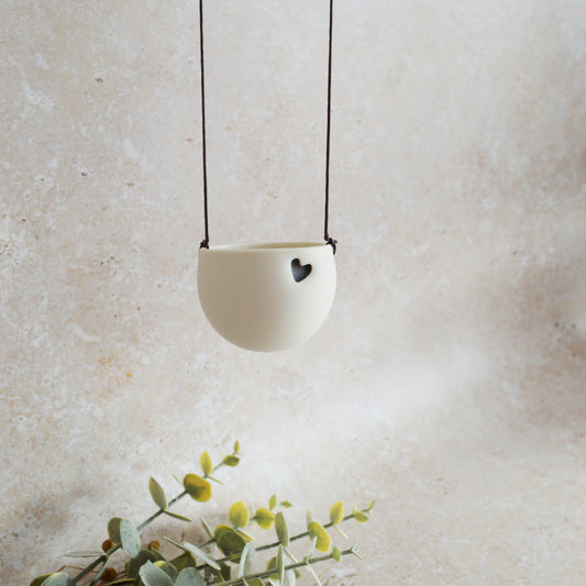 Discontinued* Small Hanging Planter with a Oxide Embossed Heart and Brown String for Hanging | Porcelain | Hanging Planter (B25)