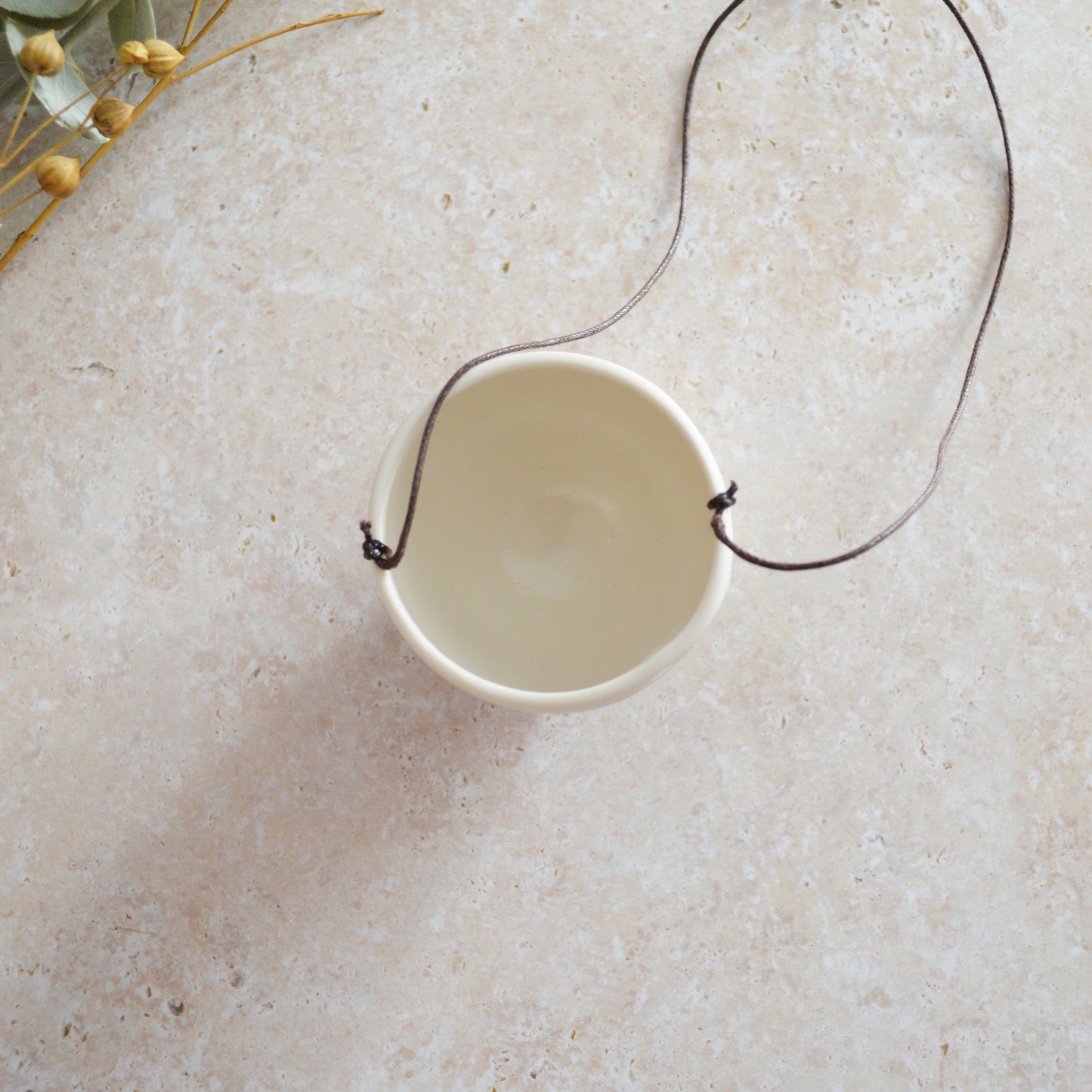 Discontinued* Small Hanging Planter with a Oxide Embossed Heart and Brown String for Hanging | Porcelain | Hanging Planter (B25)