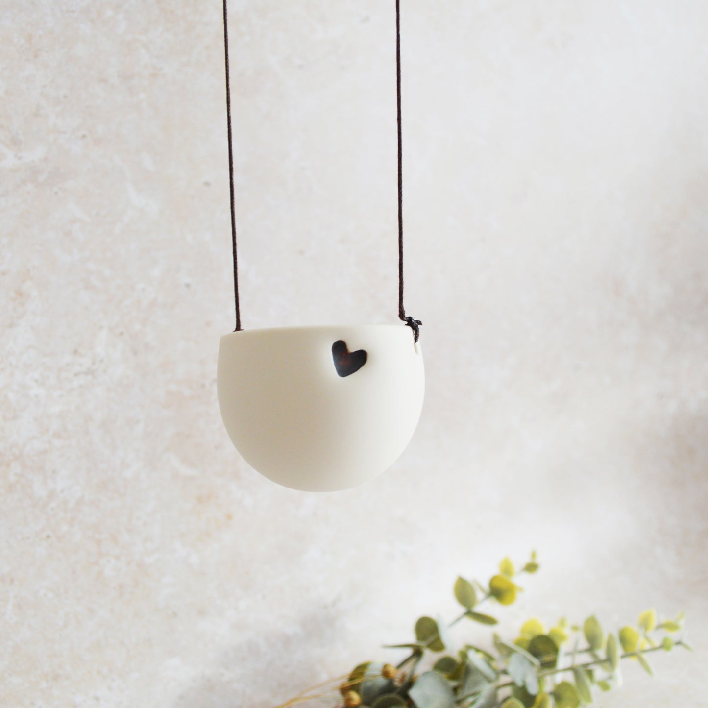 Discontinued* Small Hanging Planter with a Oxide Embossed Heart and Brown String for Hanging | Porcelain | Hanging Planter (B25)