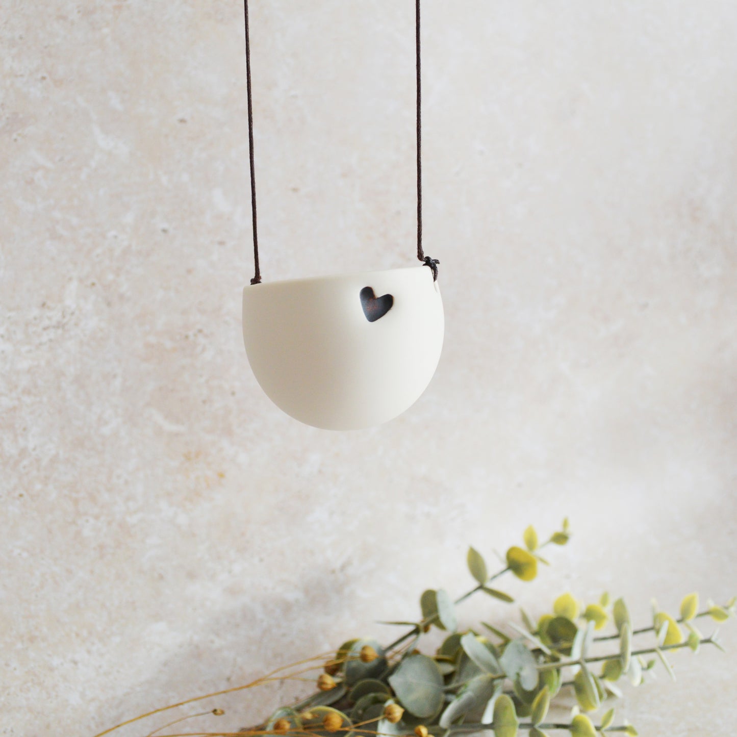 Discontinued* Small Hanging Planter with a Oxide Embossed Heart and Brown String for Hanging | Porcelain | Hanging Planter (B25)