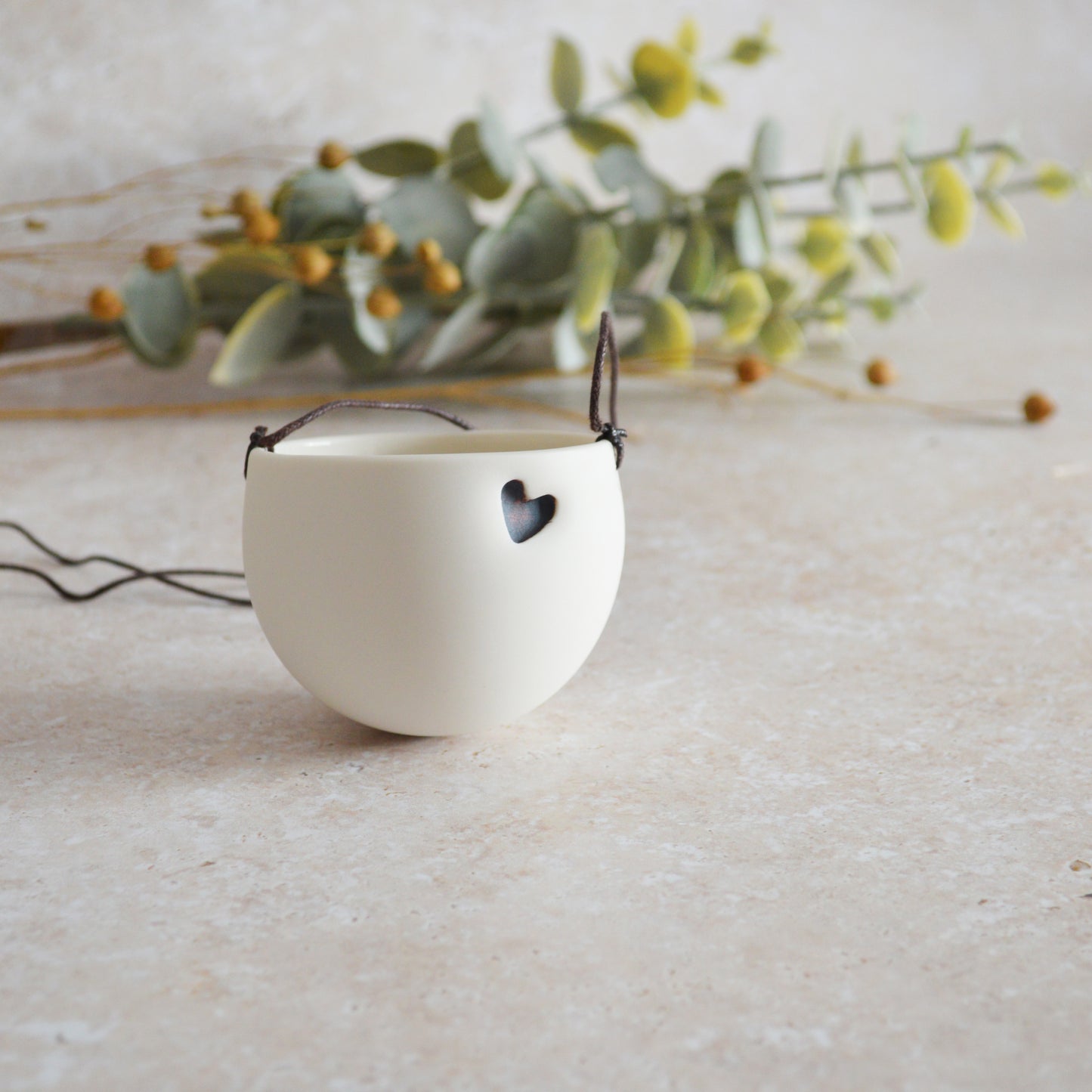Discontinued* Small Hanging Planter with a Oxide Embossed Heart and Brown String for Hanging | Porcelain | Hanging Planter (B25)
