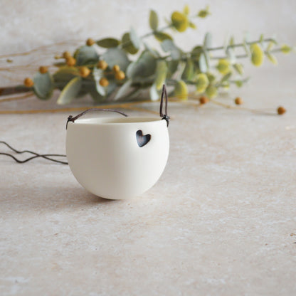 Discontinued* Small Hanging Planter with a Oxide Embossed Heart and Brown String for Hanging | Porcelain | Hanging Planter (B25)